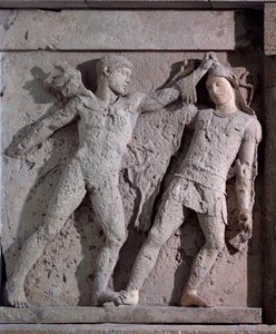 Magna Grecia: metopa con Heracles y una amazona, relieve de piedra, siglo V a.C. de Greek
