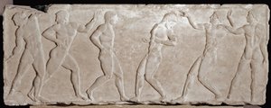 Relieve de mármol de un kouros funerario que representa a seis atletas. 510-500 a.C. De la acrópolis de Atenas. Museo Nacional de Arqueología, Atenas