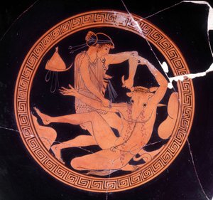 Minotauro asesinado por Teseo - Jarrón griego conservado en el Museo Arqueológico de Florencia. Interior de la copa pentic con figuras rojas, pintor de Dokimasia. 480 a.C. (Minotauro) de Greek