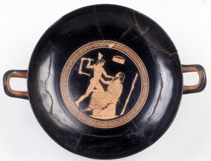 Pintura en copa: Representación de Heracles agitando una silla para golpear a su maestro de música, 470 a.C. BNF, Oficina de Medallas