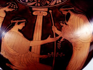 Pintura en vaso: Júpiter (Zeus) presenta al joven Dionisio (Baco) a dos mujeres. 480 a.C. BNF, Gabinete de Medallas.