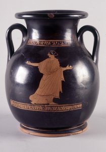 Pintura en jarrón: Representación de Orithye, jugando a la pelota, ella es la hija del rey de Atenas. Es perseguida por Borée representado en el otro lado del jarrón (35250), 440 a.C. BNF, Oficina de Medallas