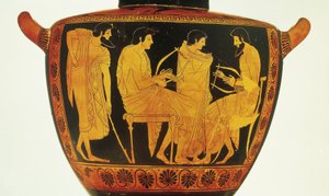 Cerámica de figuras rojas, hidria ático por Phintias retratando lección de música de Greek