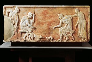 Estela que representa lucha entre perro y gato, 510 a.C. de Greek