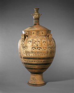 Crátera de terracota con tapa coronada por una pequeña hidria, c. 750-740 a.C.