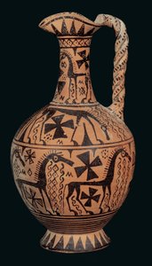 Oinochoe con pico trifolio decorado con caballos, de Skyros, Espóradas, Período Orientalizante (675-650 a.C.) de Greek