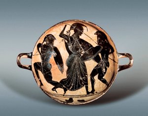 Guerra de Troya: Diosa Atenea luchando entre Héctor y Aquiles. Siglo VI a.C. Kylix (copa de beber) con figuras negras en cerámica, Museo Arqueológico de Cataluña, Barcelona. de Greek