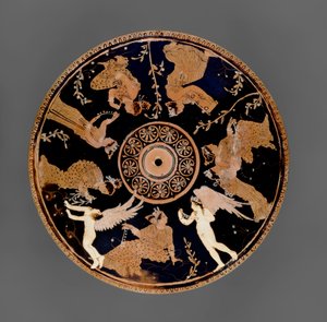Ática de figuras rojas Pyxis, (detalle) de la tapa decorada con mujeres sosteniendo amuletos de amor y collares, cercano al Pintor Medidias de Greek School