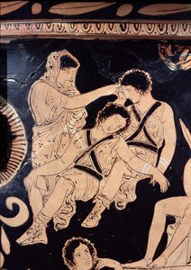 Crátera ático de figuras rojas que representa a Orestes como suplicante en el santuario de Apolo en Delfos, atribuida al Pintor de las Euménides de Apulia, c.380 a.C. (detalle)