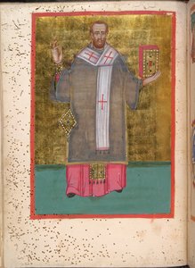 Egerton 2392, f.5v, Miniatura de un Juan Crisóstomo de pie sosteniendo un libro, de 