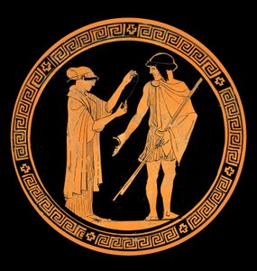 Conversación galante, decoración de una cerámica con figuras rojas. Siglo V a.C. de Greek School