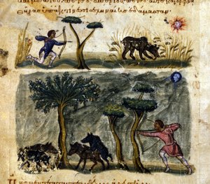 Caza de jabalíes según el manuscrito griego de Oppianus De Venatione siglo XIII de Greek School