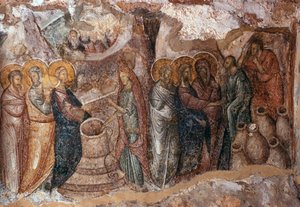 Bodas de Caná, pintura mural del nártex, iglesia Afendiko, Monasterio Brontochion de Greek School