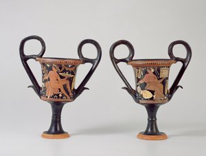 Kantharos de figuras rojas que representa a un joven y kantharos que representa a una mujer, c.310 a.C. (cerámica) de Greek School