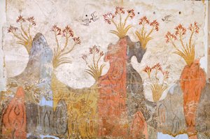 Sala de los lirios o de la primavera, fresco de Akrotiri, Thera (hoy Santorini), Grecia, Civilización minoica