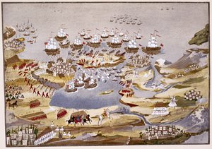 Asedio y Batalla Naval, placa 13 de Historia Pictórica de la Guerra de Independencia Griega por el General Makryjannis de Greek School