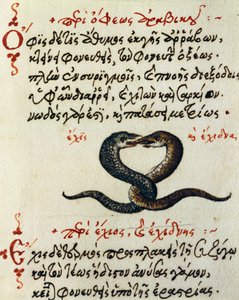 Acoplamiento de serpientes, prueba y miniatura de De animalium natura et proprietate libellus, por Aelianus (siglos II-III d.C.) de Greek School