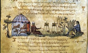 La caza de aves al reclamo. Manuscrito griego de Oppianus De Venatione de Greek School