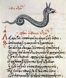 Tratado sobre el Basilisco, texto y miniatura de De animalium natura et proprietate libellus, por Aelianus (siglos II-III d.C.) de Greek School
