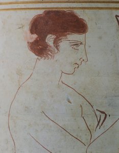 Lekythos ático con escena funeraria de un guerrero sentado ante su tumba, 420-410 a.C., atribuido al pintor Parrasio de Éfeso, cerámica de fondo blanco de Atenas, Grecia. Detalle. Civilización griega, siglo V a.C. de Greek School