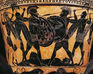 Civilización griega, Cerámica de figuras negras, Krater que representa la lucha por el cuerpo de Patroclo, De Farsala, Grecia