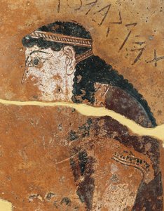 Metopa de terracota pintada que representa a Filomela, hija del rey ateniense Pandión, procedente del Templo de Apolo, Thermos, Grecia.