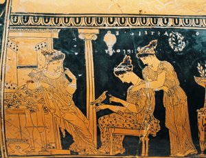 Cerámica de figuras rojas, Epinetron de Eretria Pintor que representa a una mujer en su retrete, detalle de Greek School