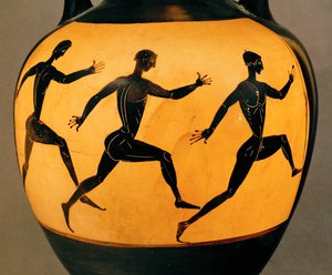 Tres participantes en una carrera a pie en los Juegos Panatenaicos, siglo VI a.C. (cerámica) de Greek School