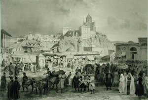 El bazar en la plaza Maidan, Tiflis, Georgia, lámina 25 de un libro sobre el Cáucaso, grabado por Adolphe Jean-Baptiste Bayot (1810-66) y Eugene Ciceri (1813-90), publicado por Alfred Leon Lemercier, París