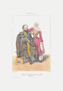 Cosaco del Terek con hija. De: Escenas, paisajes, costumbres y trajes del Cáucaso de Grigori Grigorevich Gagarin