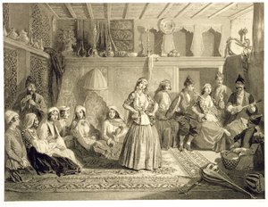 La sala de descanso cerca de los baños en Shemakha, en la estepa de Shirvanskaya, lámina 40 de un libro sobre el Cáucaso, grabado por Charles Claude Bachelier y Adolphe Bayot, publicado por Alfred Leon Lemerci de Grigori Grigorevich Gagarin