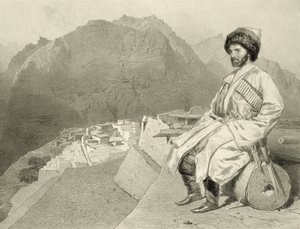 Vista de Ghimri y retrato de Hadji-Mourad, lámina 66 de un libro sobre el Cáucaso, grabado por Jules Joseph Augustin Laurens y Eugene Ciceri por Adolphe Mouilleron