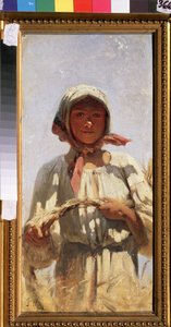 Un Reaper. Retrato de una joven campesina con traje tradicional, en un campo de trigo en pleno verano para la cosecha. Pintura de Grigory (Grigoriy, Grigory) Grigoryevich Myasoyedov (Myasoedov, Miasoedov) (1834-1911), óleo sobre lienzo. Arte ru de Grigori Grigoryevich Myasoedov