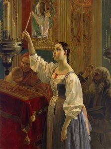 Una niña colocó una vela ante el icono, 1842 de Grigori Karpovich Mikhaylov