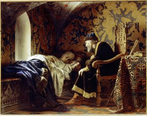 Vassilissa Melentieva (fallecida en 1579) y el zar Iván IV el Terrible (1530-1584). (Vasilisa Melentyevna y el zar Iván el Terrible). La joven y bella mujer, sexta esposa del zar, duerme en un banco, bajo la tierna mirada de Iván el Terror.