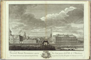 Nevsky Prospekt con el Palacio Stroganov Libro del 50 aniversario de la fundación de San Petersburgo, 1753 de Grigory Anikeevich Kachalov