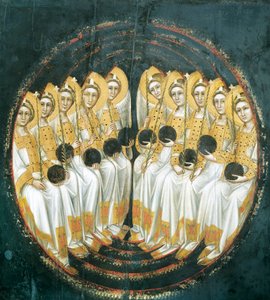 Ángeles sentados con orbes en sus manos, por Guariento (activo 1338-1367 o 1370) de Guariento di Arpo