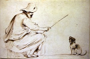 Hombre sentado entrenando a un perro de Guercino