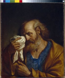 San Pedro Apóstol (Pedro El Apóstol). Retrato del discípulo de Jesús secándose las lágrimas que corren por su rostro. Pintura de Giovanni Francesco Barbieri, conocido como Guercino (Le Guerchin) (1591-1666), óleo sobre lienzo