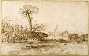 Un río en inundación, y campesinos con hachas y otras herramientas de Guercino