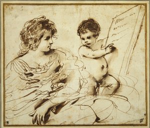 Una sibila sentada acompañada por un putto sosteniendo una gran tabla inscrita de Guercino