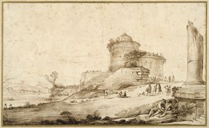 Paisaje con una columna rota, un castillo y numerosas figuras en primer plano a la derecha de Guercino