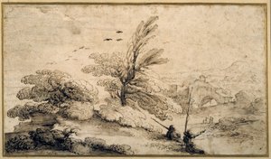 Paisaje con dos pescadores descansando de Guercino