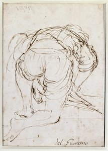 Hombre arrodillado - Dibujo a lápiz de Guercino