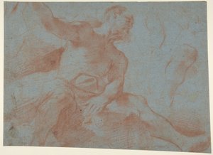 Anciano sentado con el brazo derecho levantado (Tithonus) (recto)
