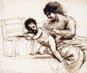 Una madre y su hijo junto a una silla de Guercino