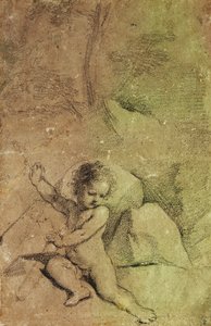 Cupido sacando una flecha de un carcaj, en un paisaje de Guercino