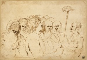 Grupo de figuras, con búho en un poste de Guercino