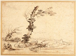 Paisaje con halconeros junto a un árbol