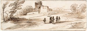 Paisaje con castillo y figuras de Guercino
